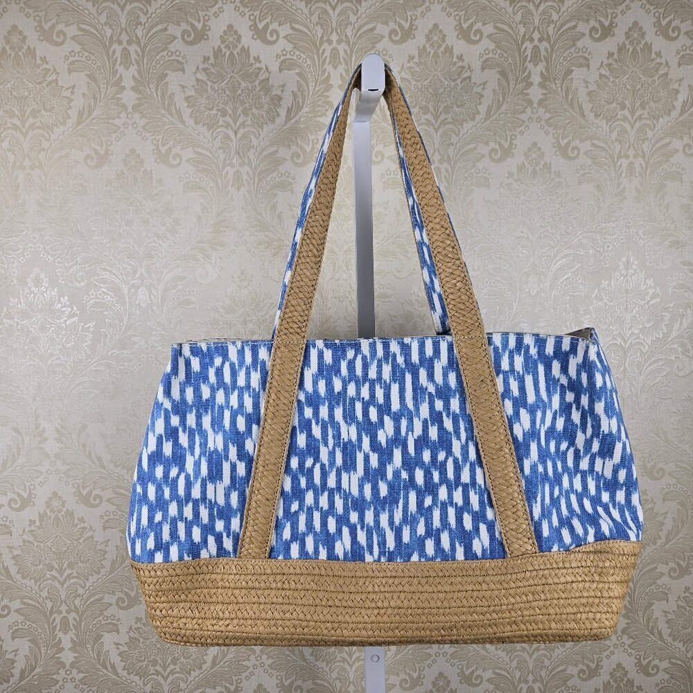 Tommy Bahama Go Everywhere Tote Blue White Canvas Straw w/ Blue Wristlet NWT